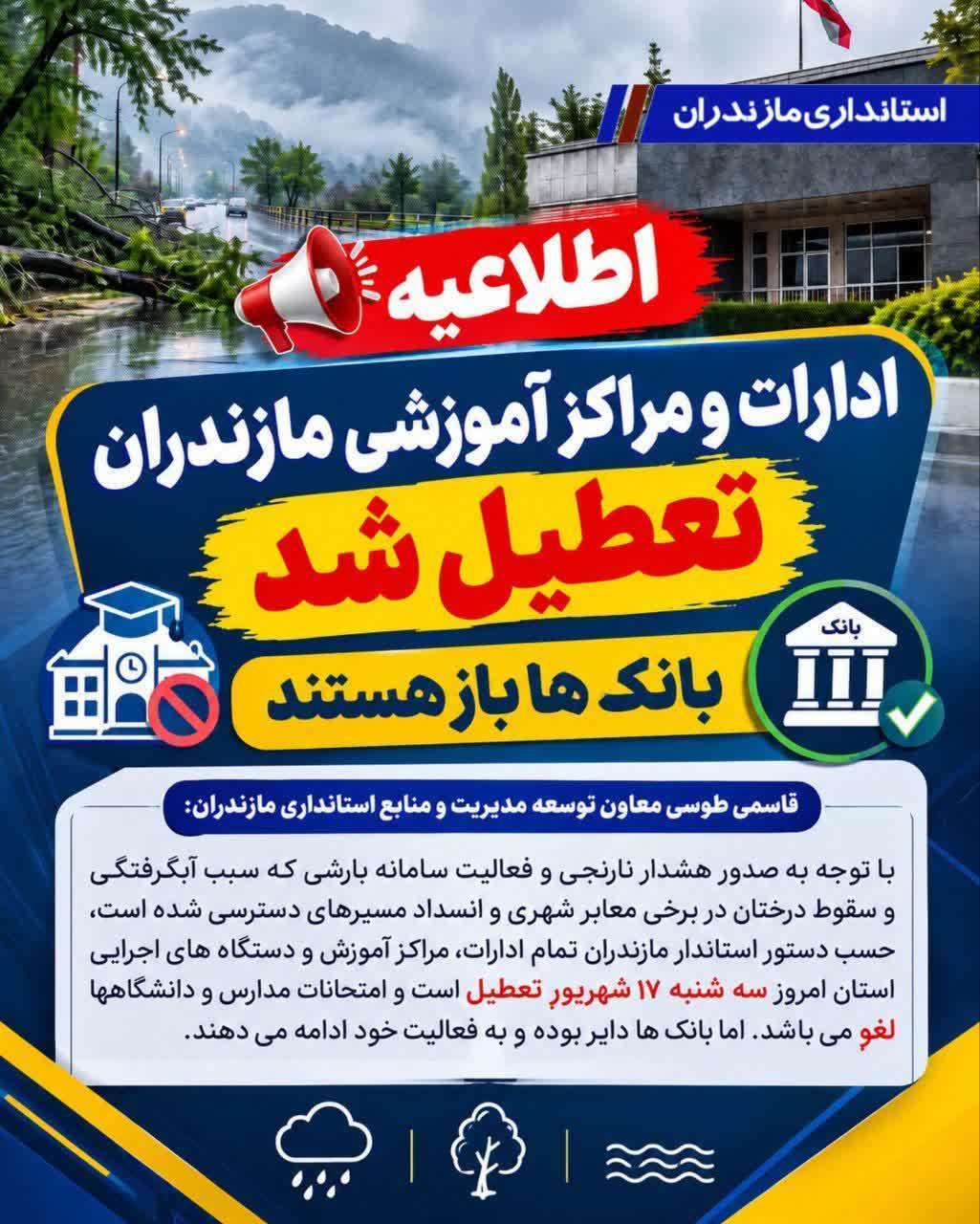 تعطیلی ادارات و مراکز آموزشی مازندران در پی تشدید فعالیت سامانه بارشی